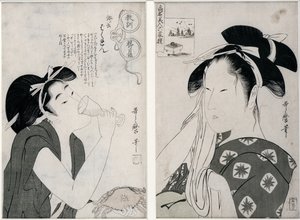 Röyhkeä nainen, sarjasta "Kyokun oya no megane" (Koulutus vanhempien silmin), n.1803 ja Asahiya Goke leski, sarjasta "Komei bijin rokkasen", n.1796 (puupiirros).